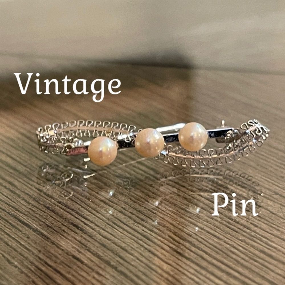 Vintage Real Pearl Pin Filigree Bar Pin Silver-tone